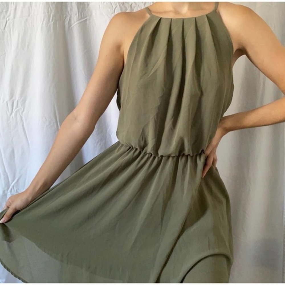 LUSH Olive‎ Green High Halter Neck Flowy Elastic Waist Lined Dress Size Large